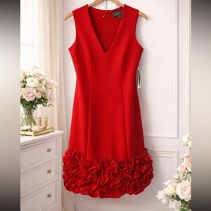 NWT Donna Ricco Red V-Neck Mini Dress with Ruffled Hem, Size 2